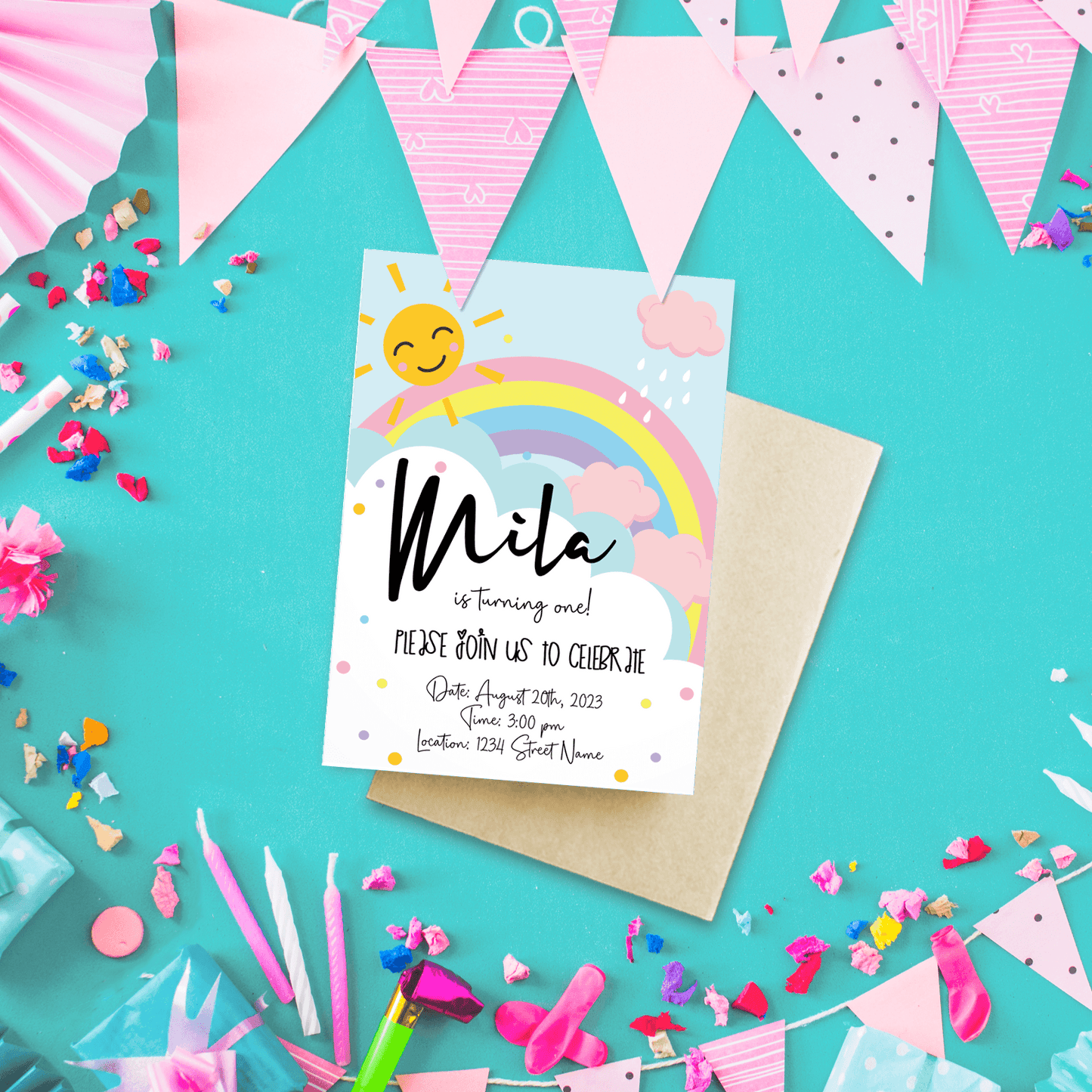 Rainbow Birthday Invitation, Birthday Party Invite, Editable Printable Invite-2